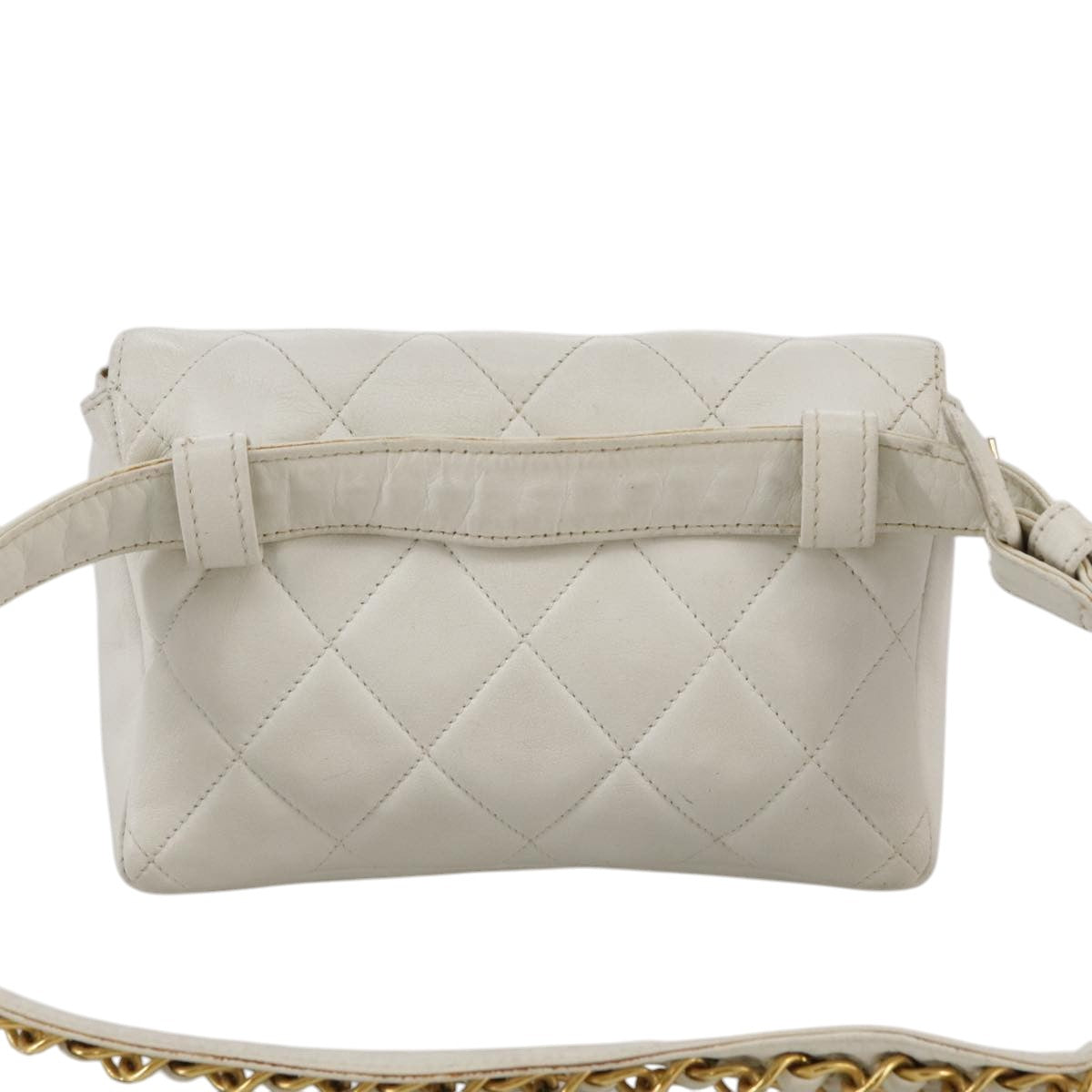 CHANEL Matelasse Waist bag Lamb Skin White CC Auth bs21712