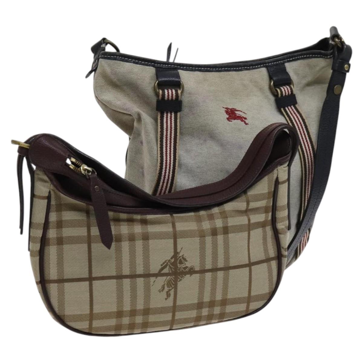 BURBERRY Nova Check Blue Label Shoulder Bag Canvas 2Set Beige Gray Auth bs21820