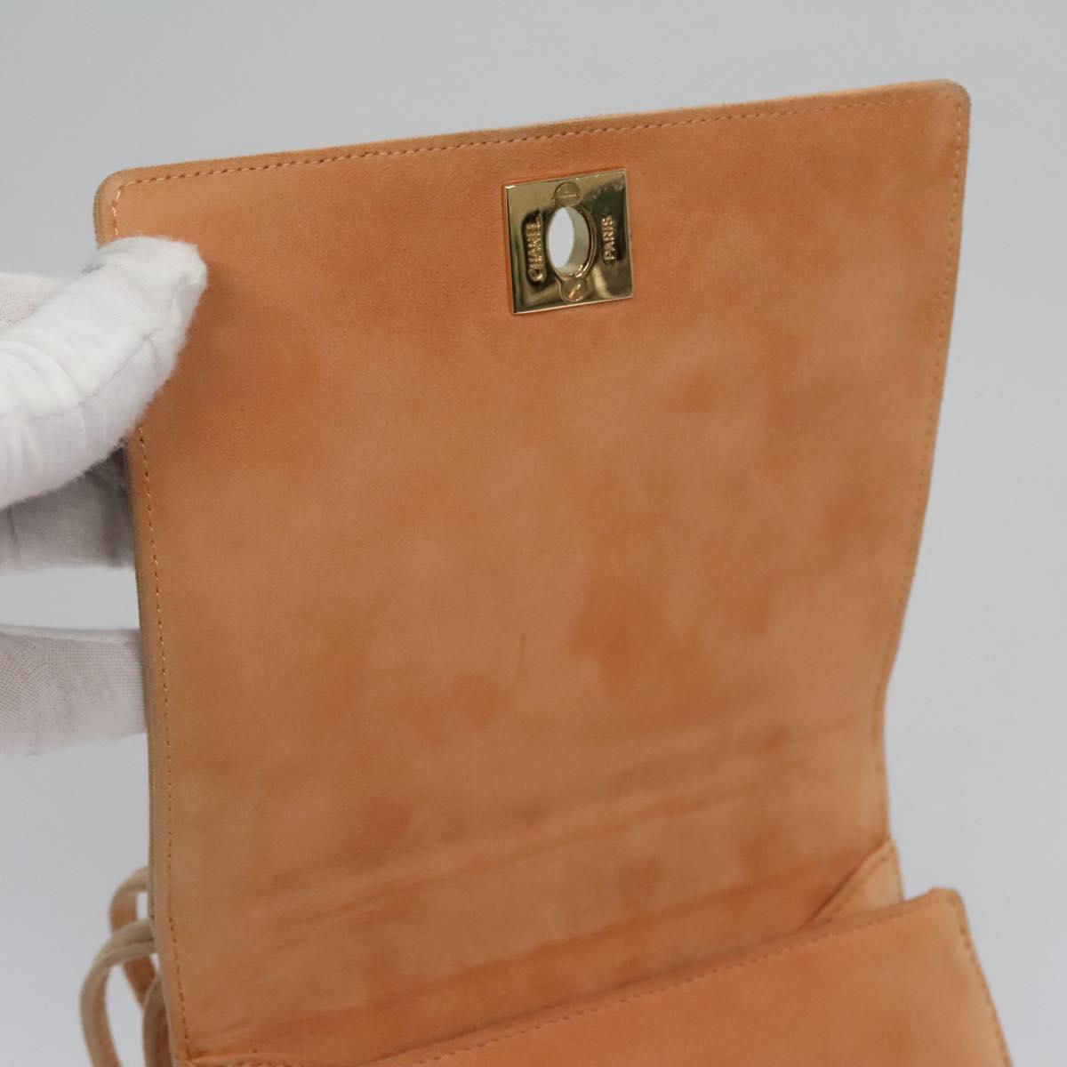 CHANEL Hand Bag Suede Beige Gold CC Auth bs21838