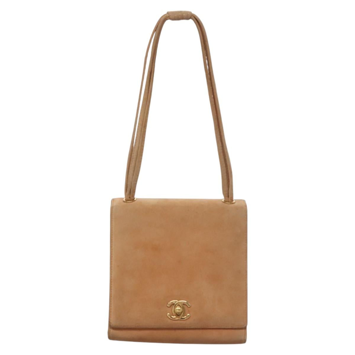 CHANEL Hand Bag Suede Beige Gold CC Auth bs21838