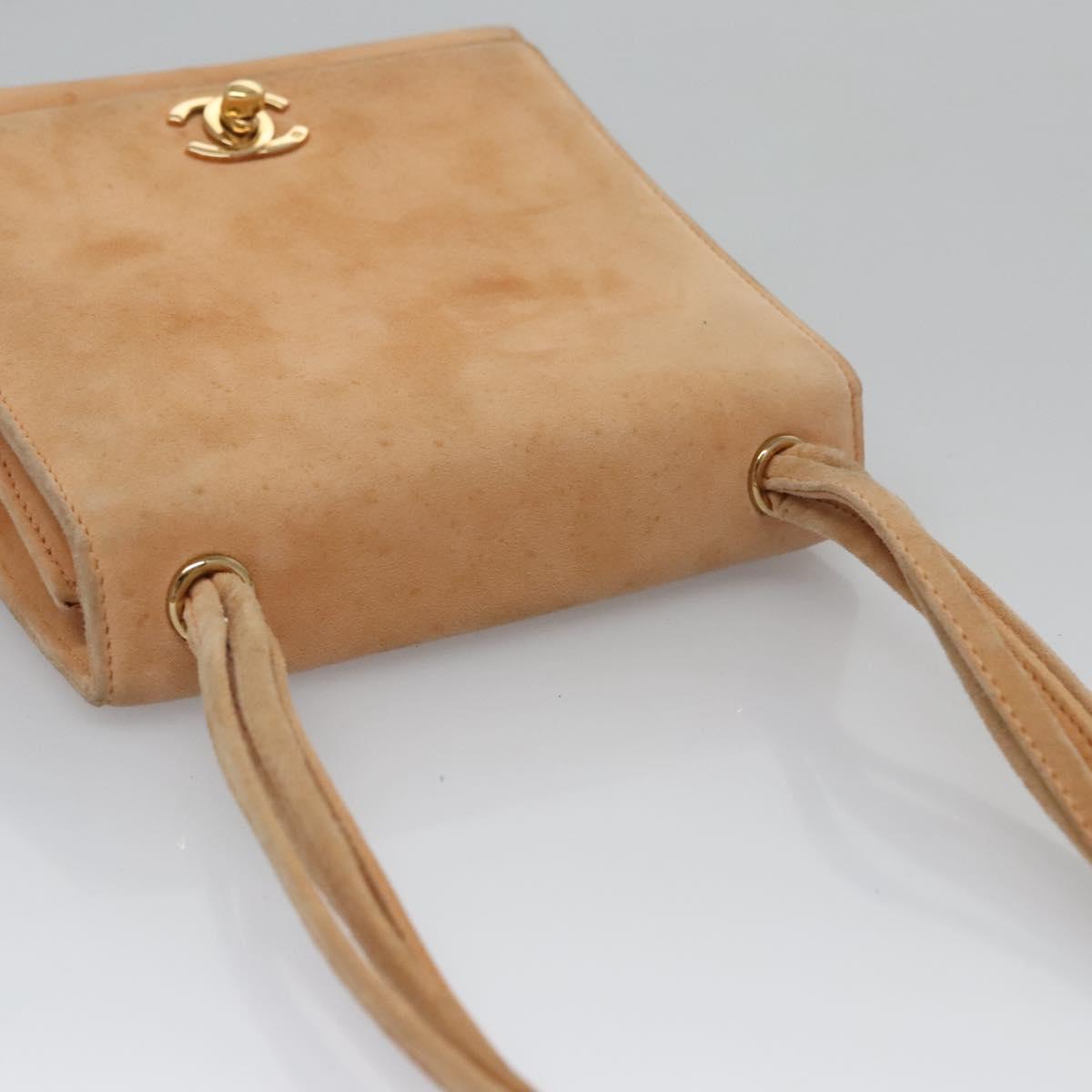 CHANEL Hand Bag Suede Beige Gold CC Auth bs21838