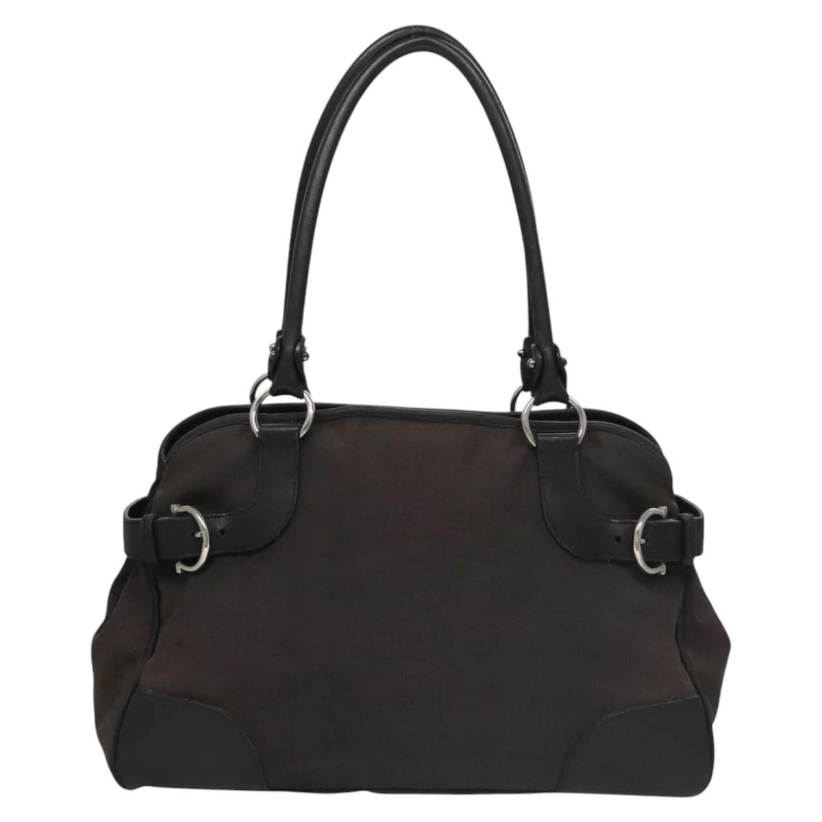 Salvatore Ferragamo Hand Bag Canvas Leather Black Silver Auth bs21851