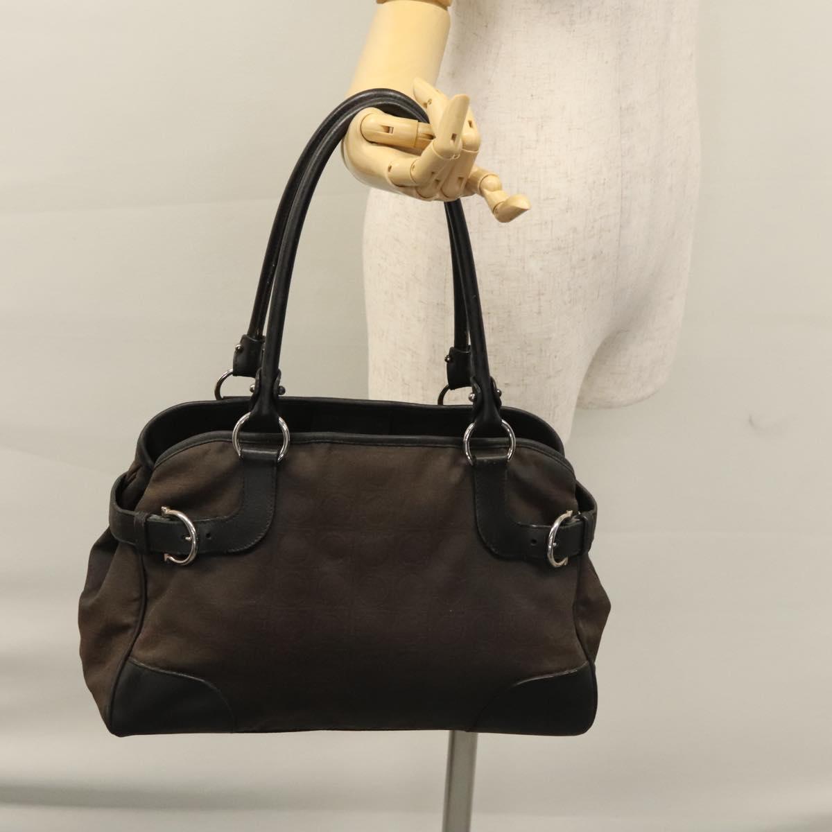 Salvatore Ferragamo Hand Bag Canvas Leather Black Silver Auth bs21851