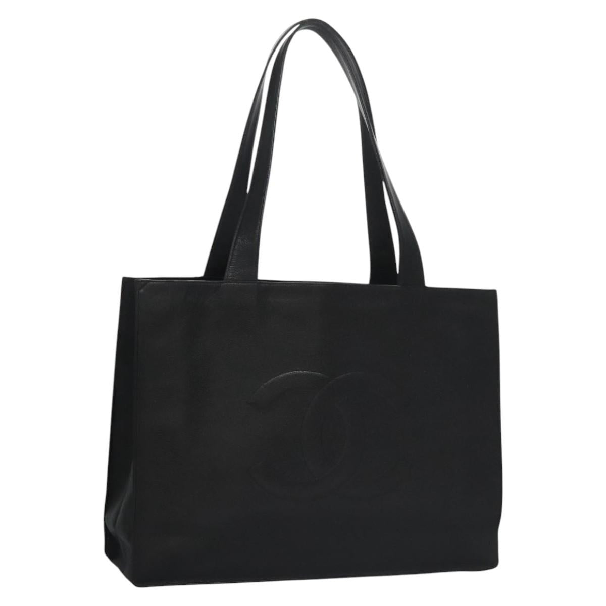 CHANEL COCO Mark Tote Bag Caviar Skin Black Gold CC Auth bs21869