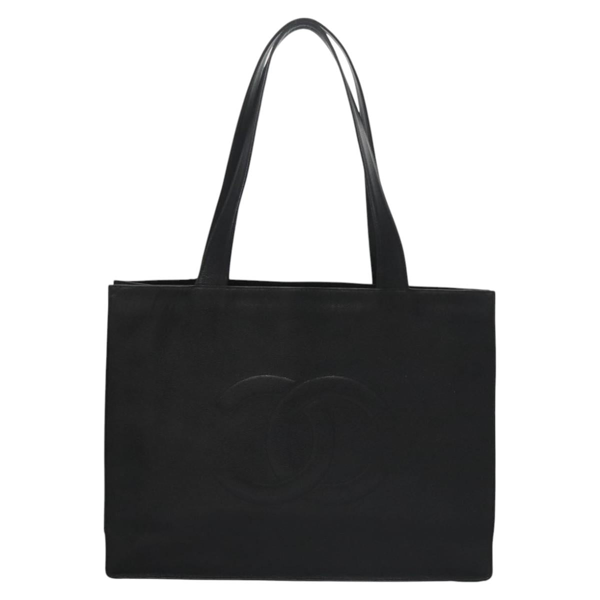 CHANEL COCO Mark Tote Bag Caviar Skin Black Gold CC Auth bs21869