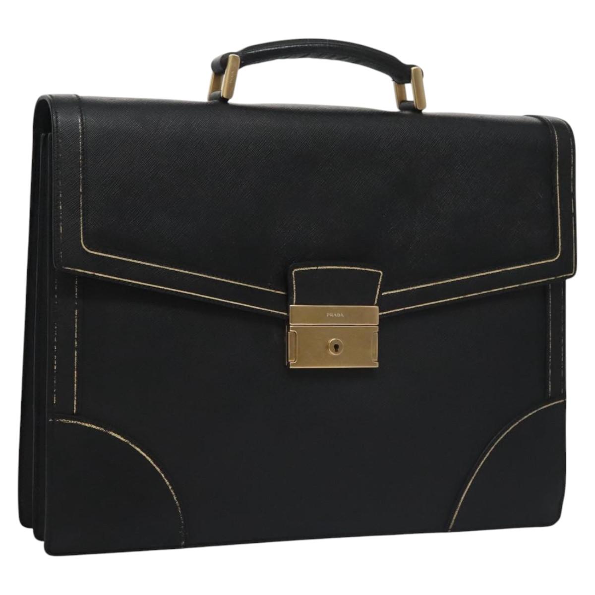 PRADA Business Bag Safiano leather Black Gold Auth bs21898