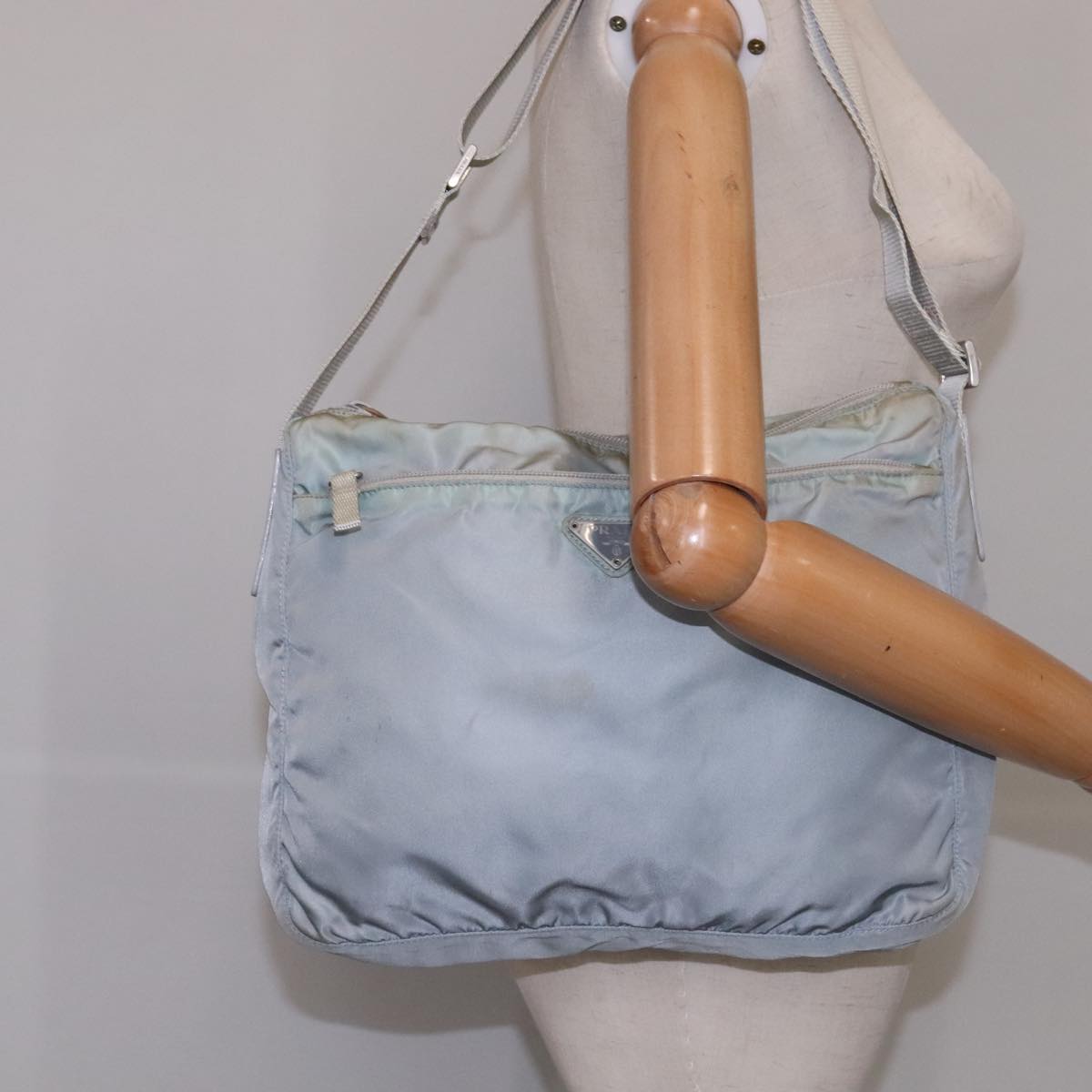 PRADA Shoulder Bag Nylon Light Blue Gray Silver Auth bs21902