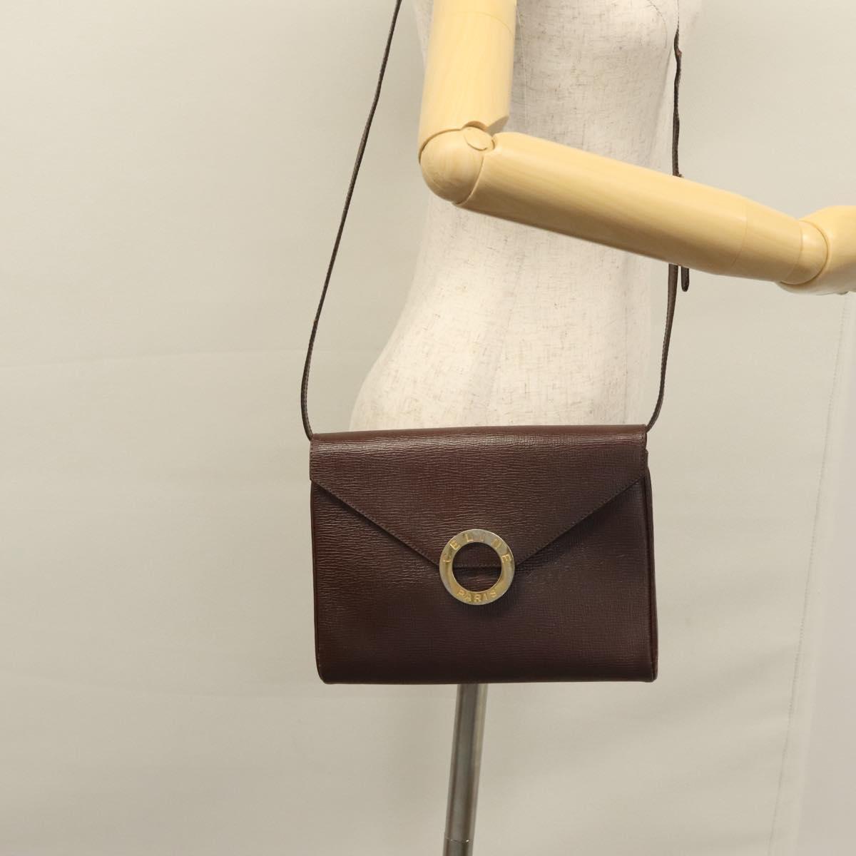 CELINE Circle Shoulder Bag Leather Brown Gold Auth bs21922