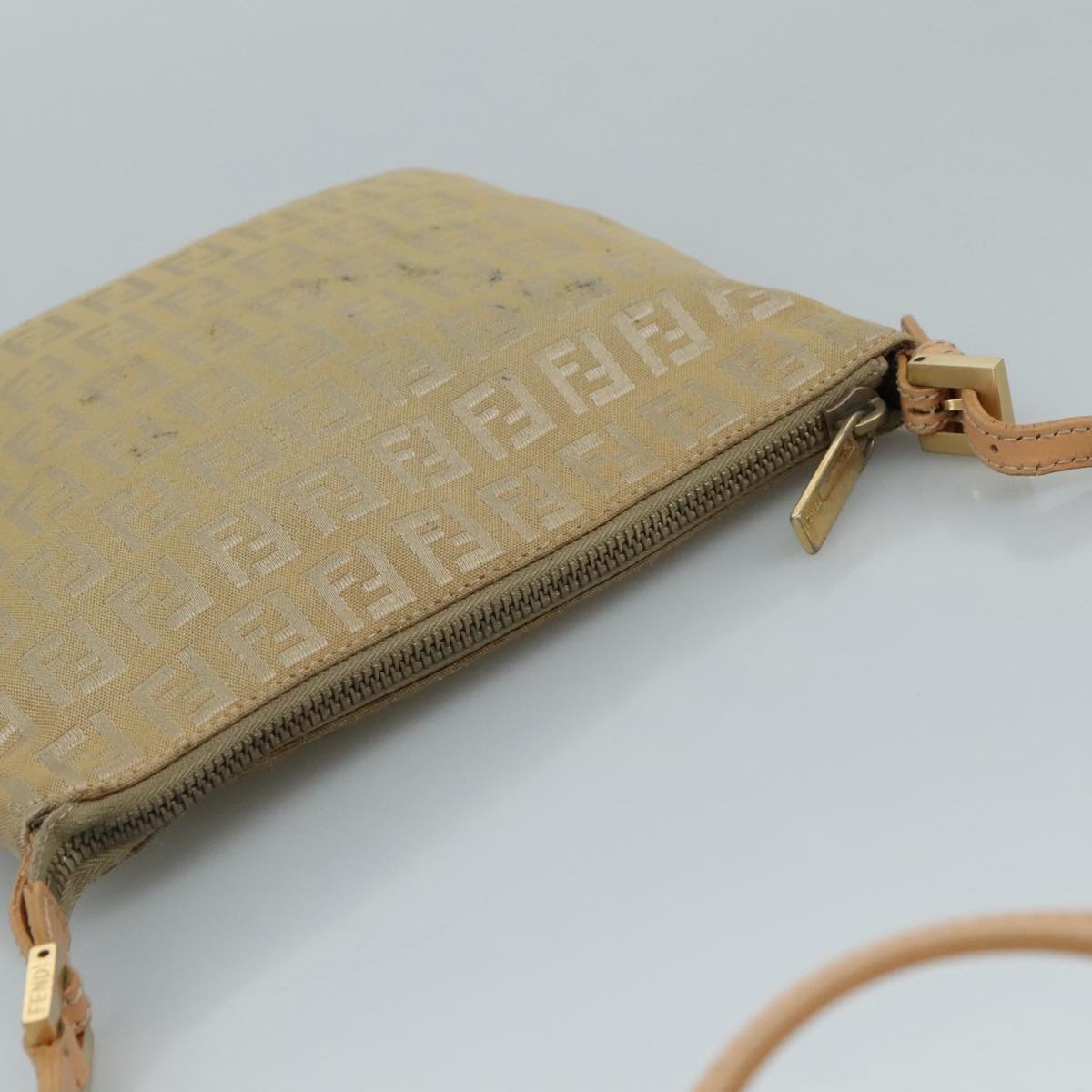 FENDI Zucchino Canvas Shoulder Bag Beige Gold Auth bs21960