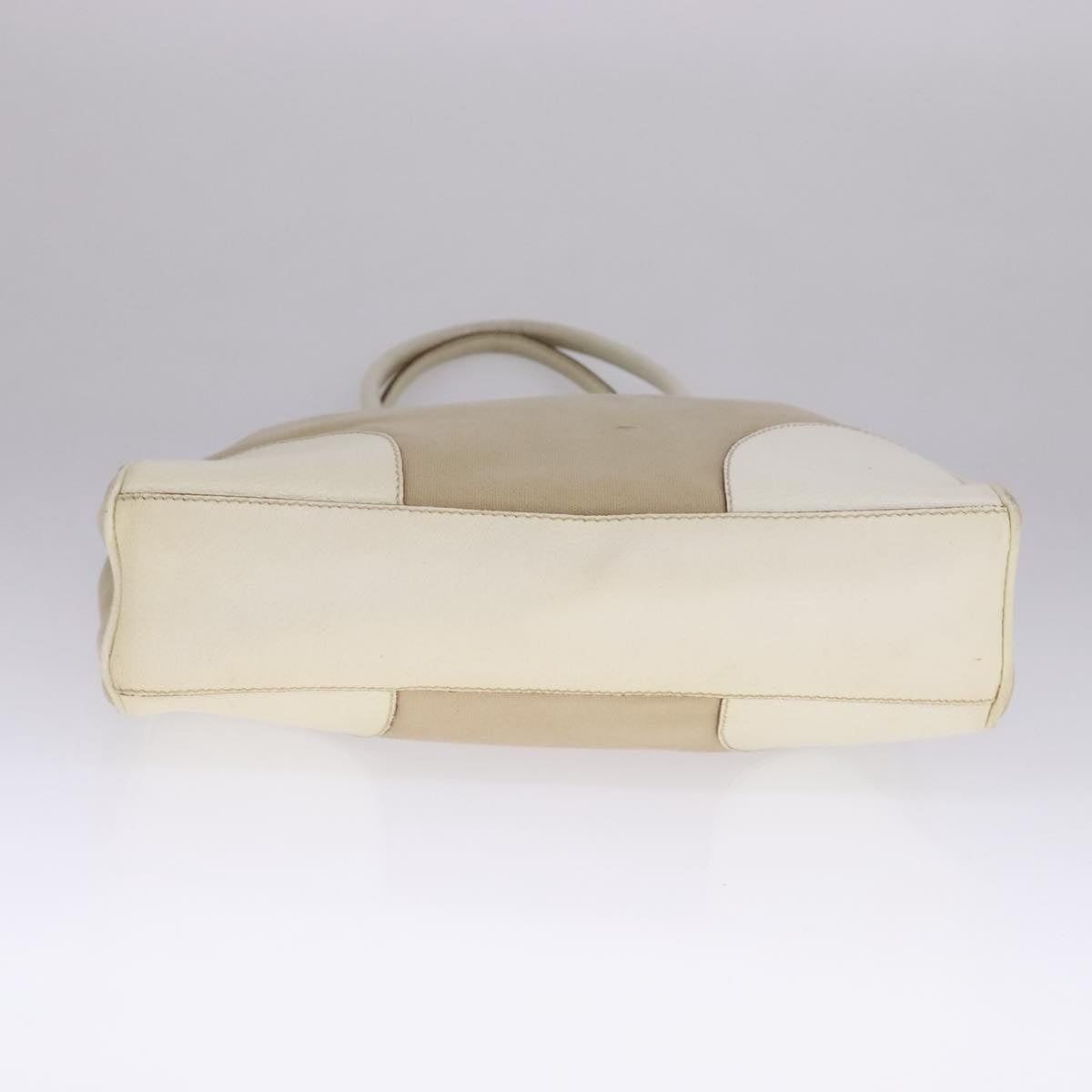 PRADA Tote Bag Canvas Leather Beige White Silver Auth bs21967