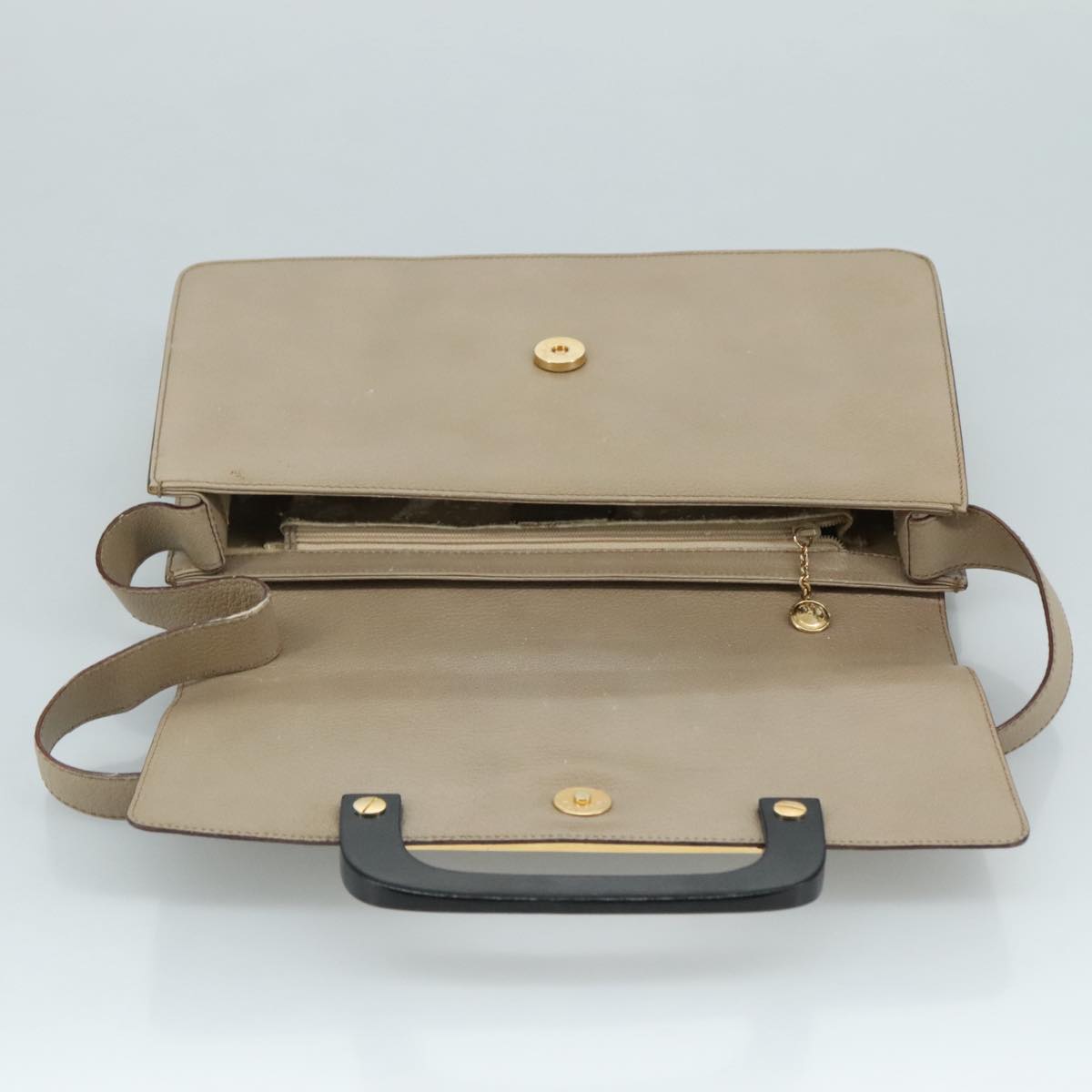 GUCCI Shoulder Bag Leather Wood Beige Black gold Auth bs21980