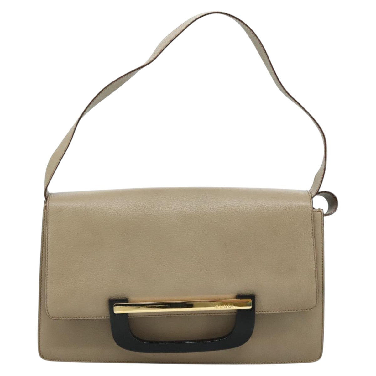 GUCCI Shoulder Bag Leather Wood Beige Black gold Auth bs21980
