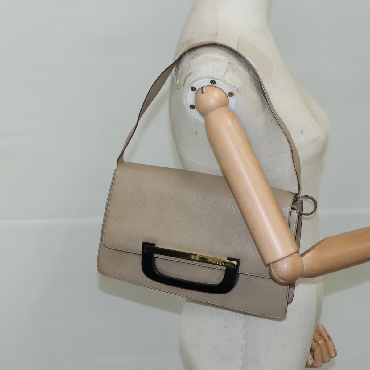 GUCCI Shoulder Bag Leather Wood Beige Black gold Auth bs21980