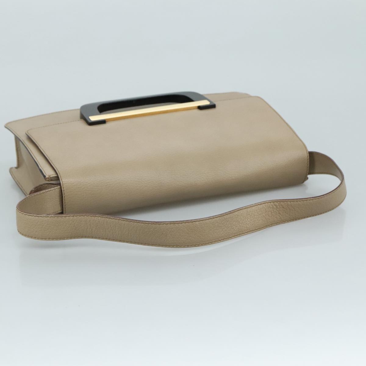 GUCCI Shoulder Bag Leather Wood Beige Black gold Auth bs21980