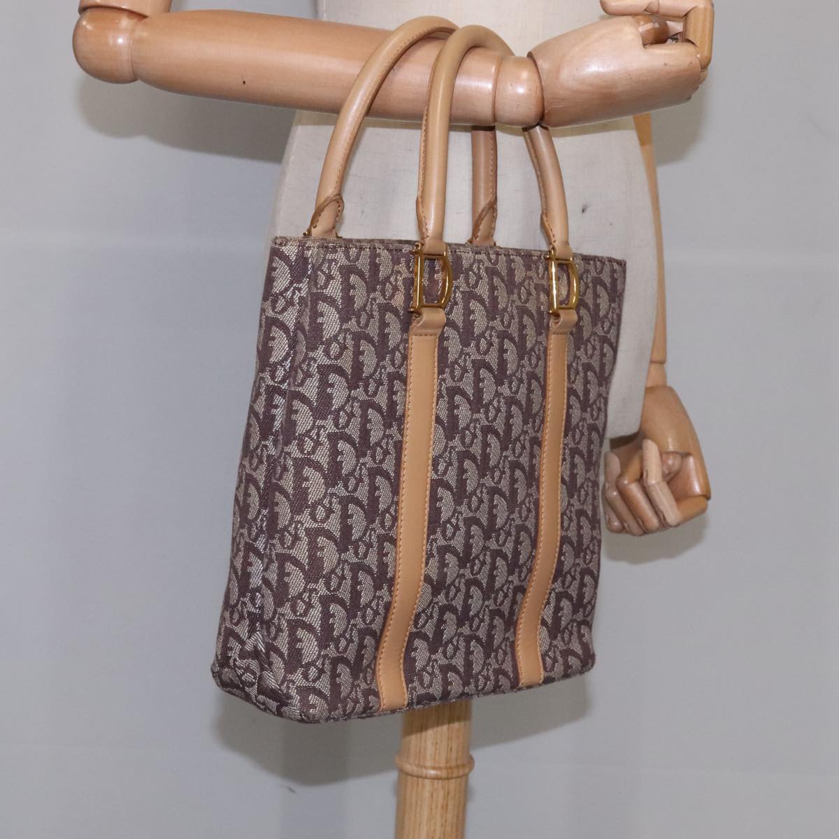 Christian Dior Trotter Canvas Hand Bag Brown Gold Auth bs21990