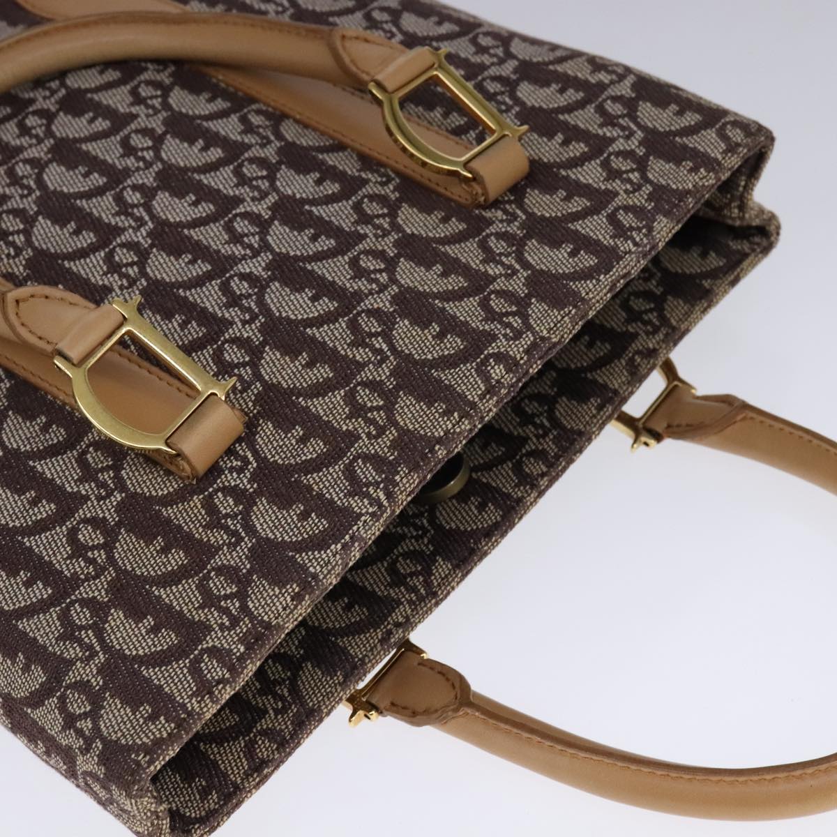 Christian Dior Trotter Canvas Hand Bag Brown Gold Auth bs21990
