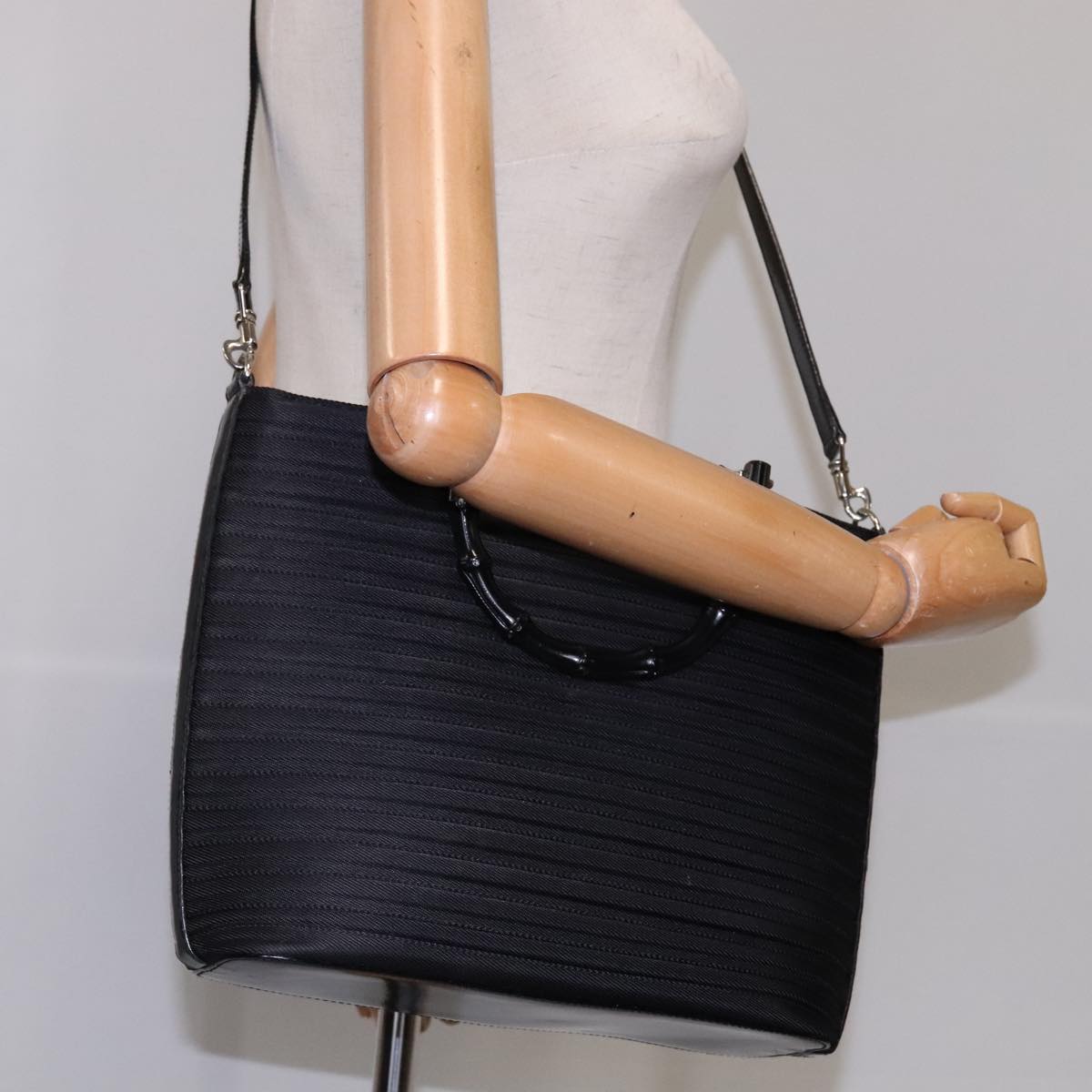 GUCCI Bamboo Hand Bag Nylon 2way Black Silver 000 1998 0588 Auth bs22015