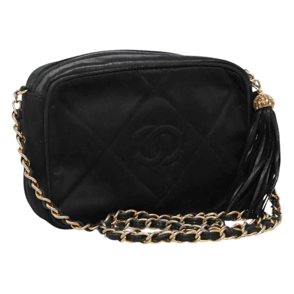 CHANEL Matelasse Chain Shoulder Bag Satin Black Gold CC Auth bs22051