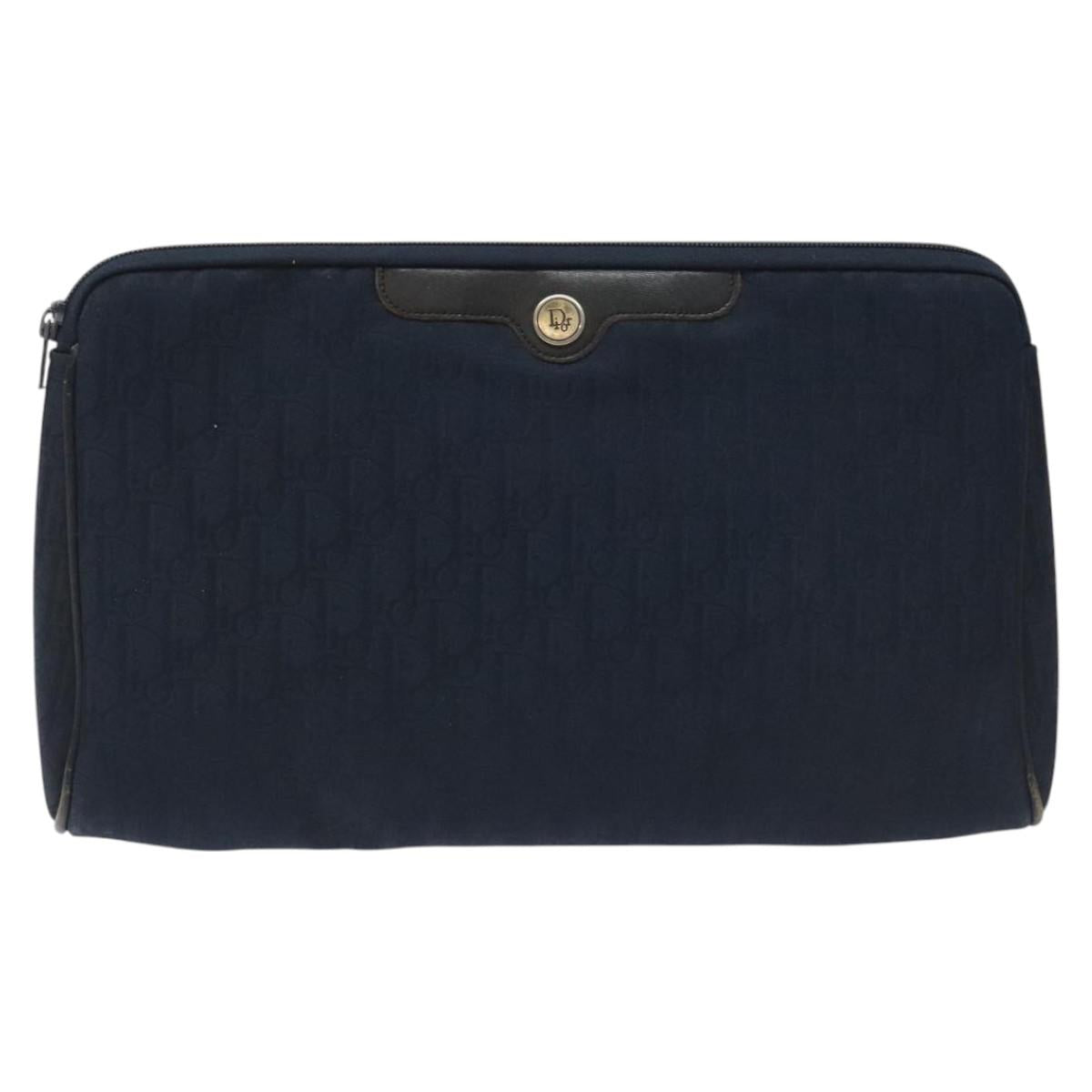 Christian Dior Trotter Canvas Clutch Bag Navy Gold Auth bs22117