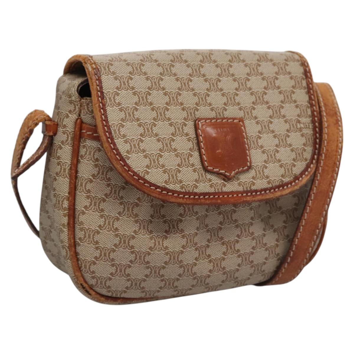 CELINE Macadam Canvas Shoulder Bag PVC Leather Beige Auth bs22230