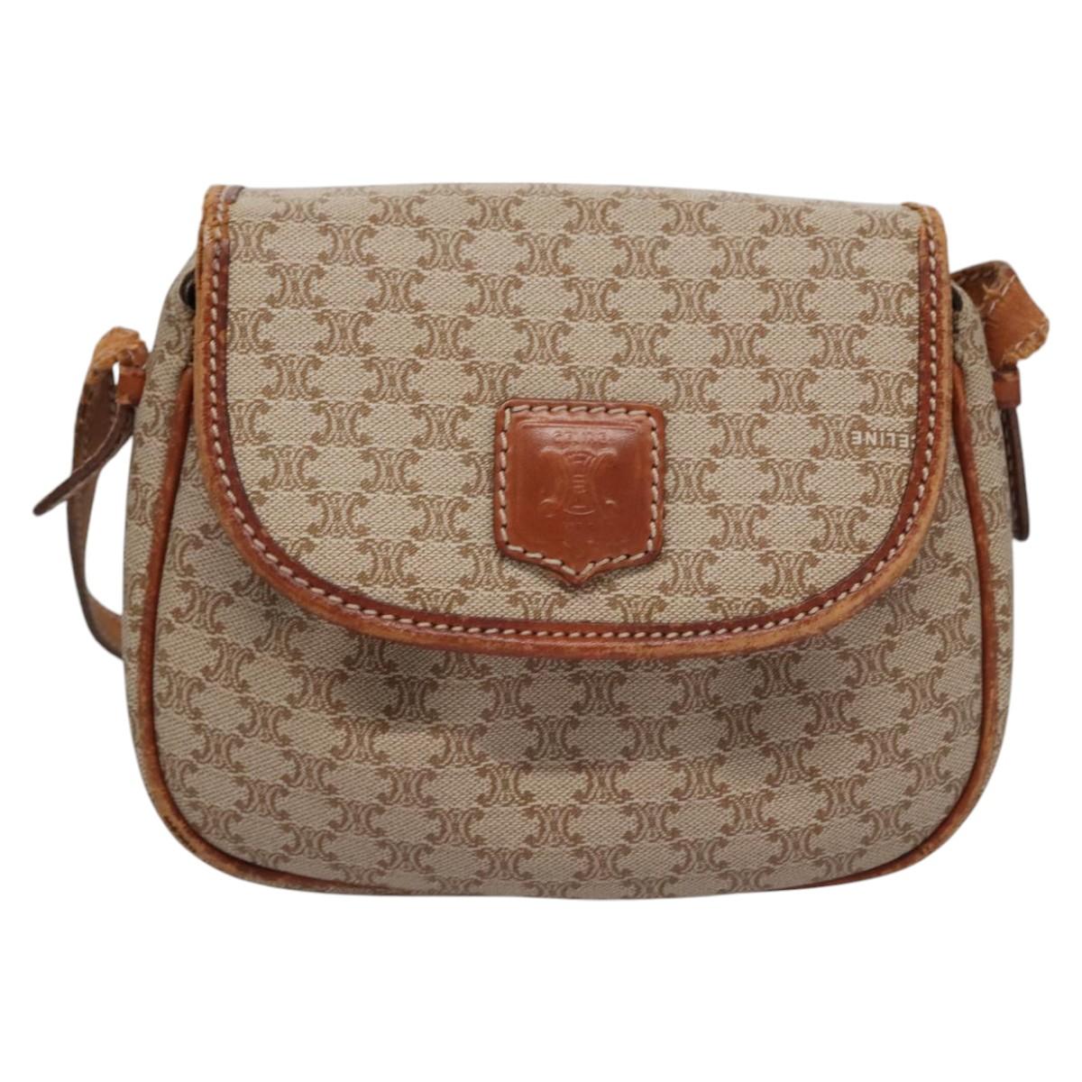 CELINE Macadam Canvas Shoulder Bag PVC Leather Beige Auth bs22230