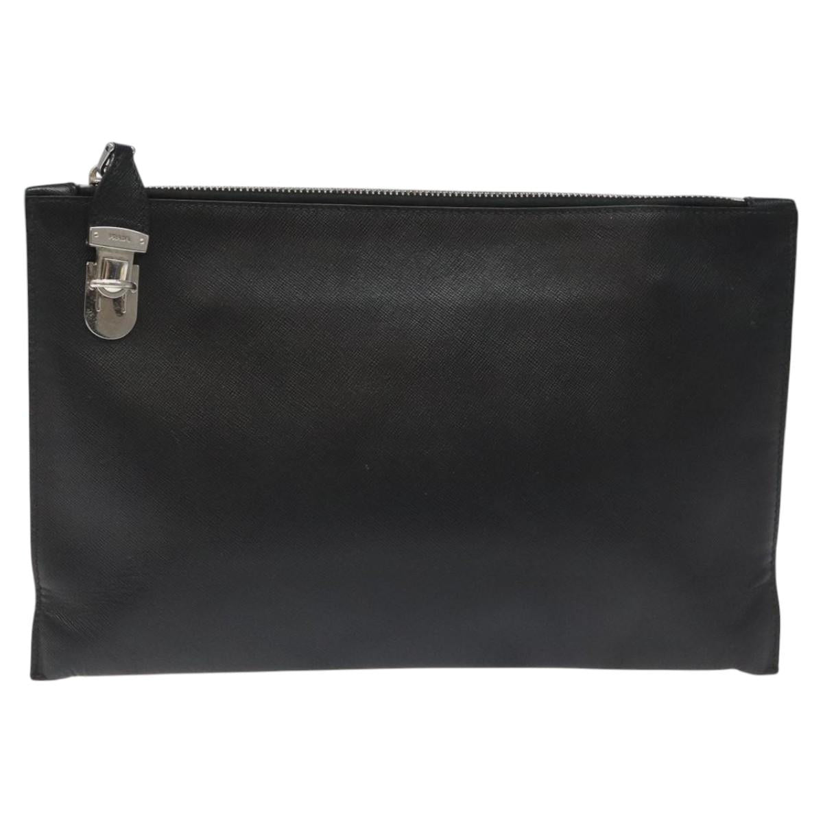 PRADA Clutch Bag Safiano Leather Black Silver Auth bs22233