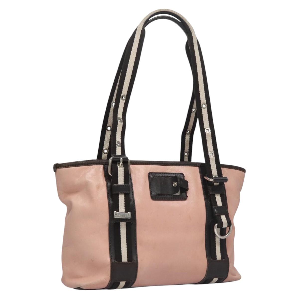 BALLY Tote Bag Leather Pink Dark Brown Silver Auth bs22247