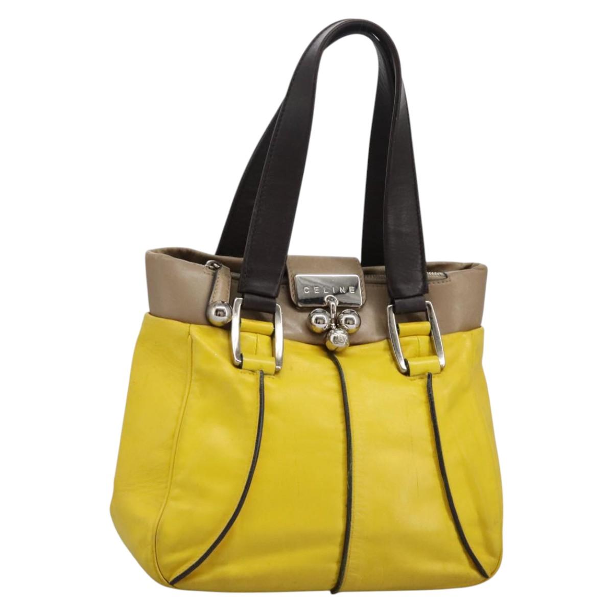 CELINE Hand Bag Leather Yellow Brown Silver Auth bs22250