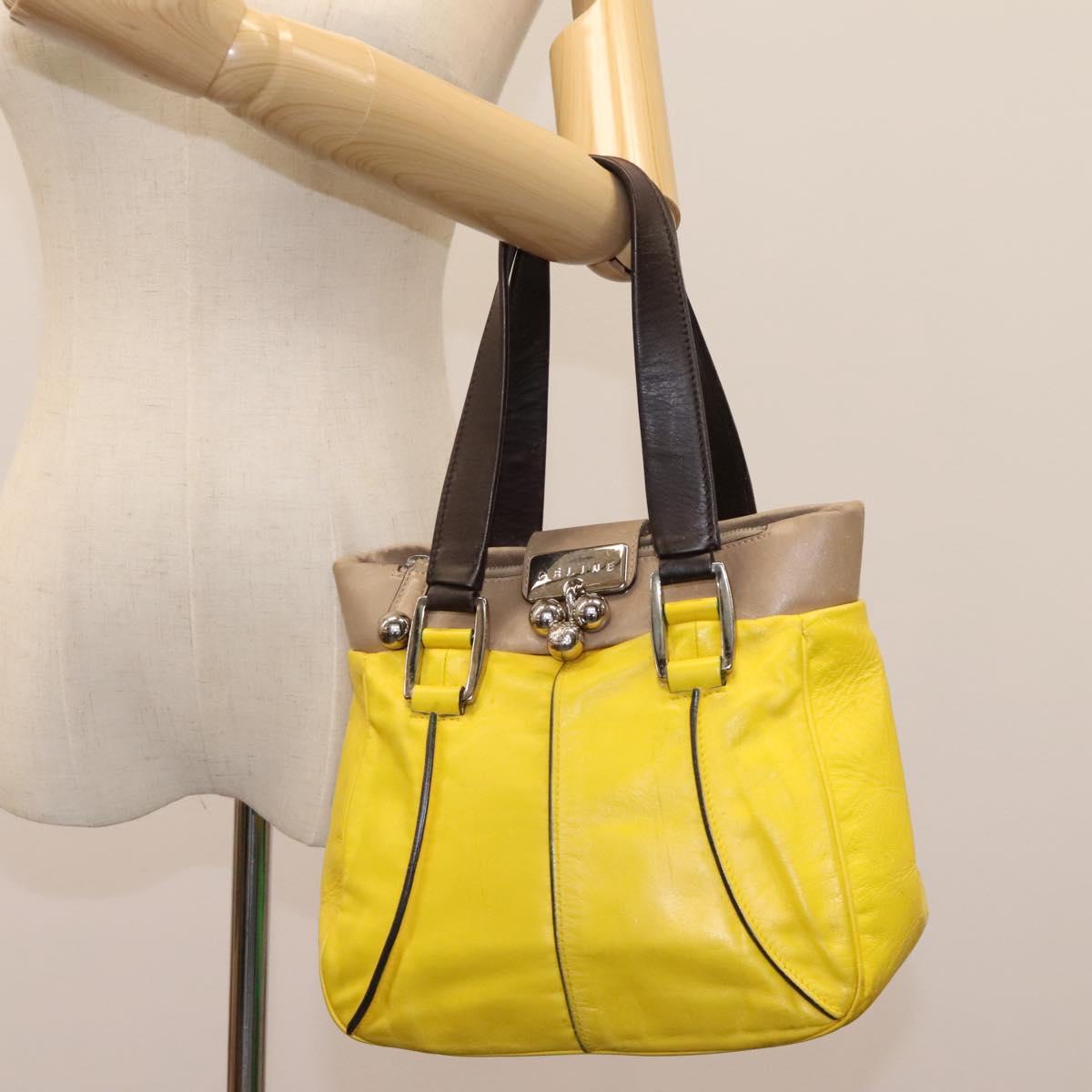 CELINE Hand Bag Leather Yellow Brown Silver Auth bs22250