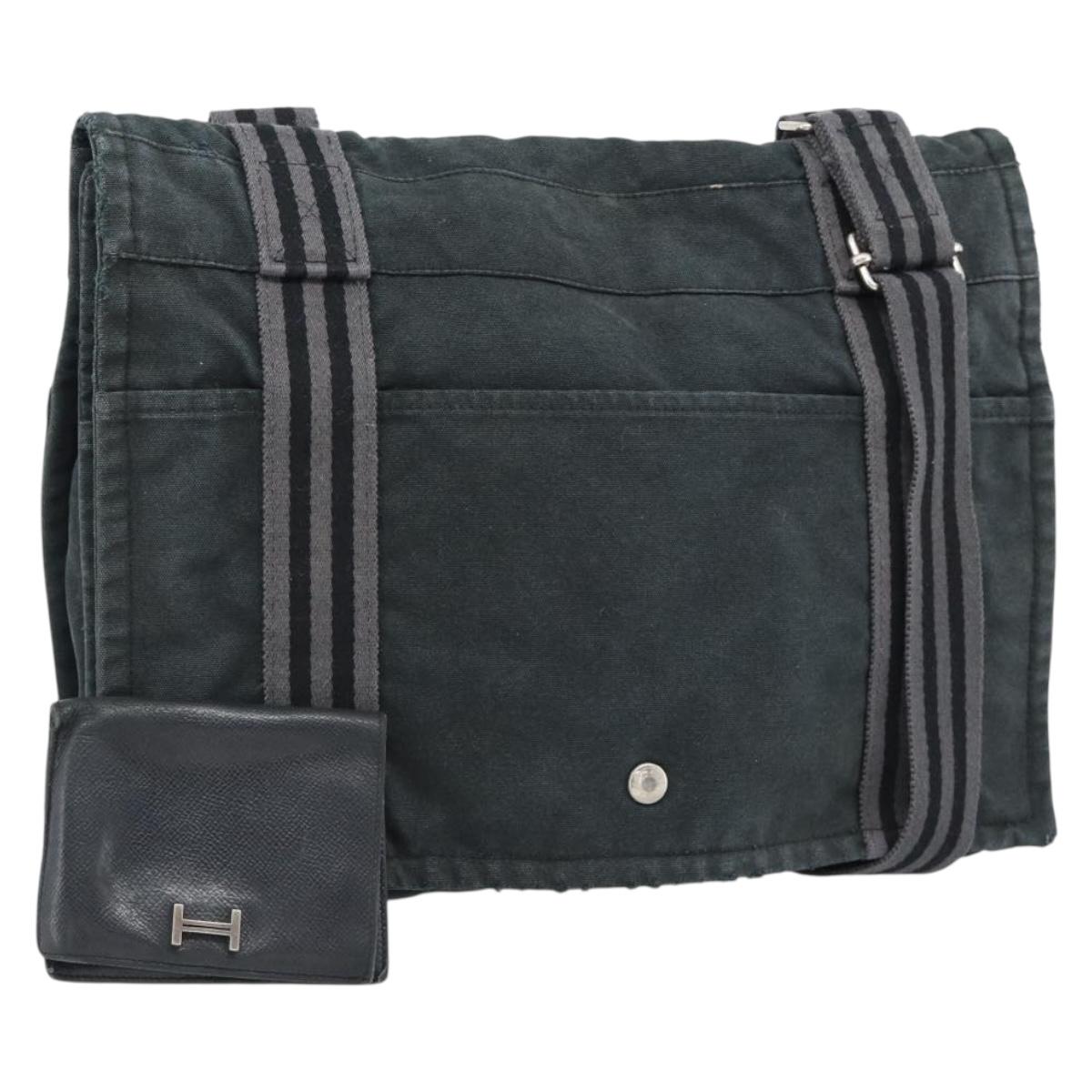 HERMES Wallet Shoulder Bag Canvas Leather 2Set Black Auth bs22282