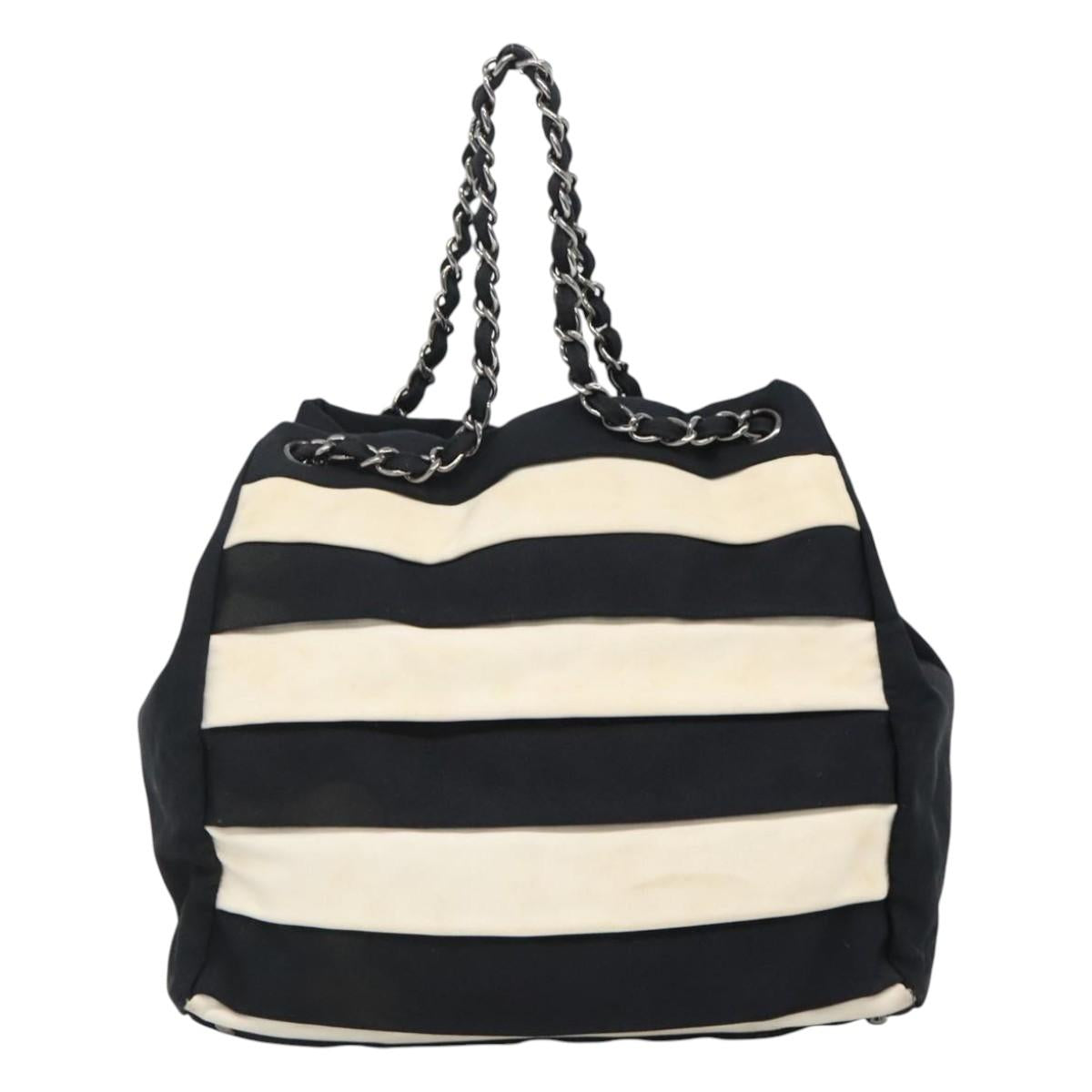 CHANEL Chain Tote Bag Canvas Navy White CC Auth bs22293