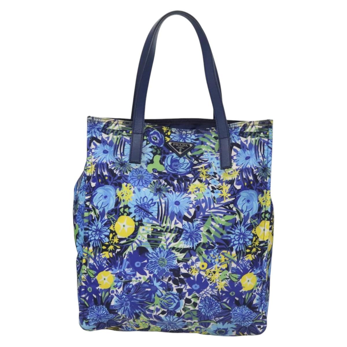 PRADA Flower Tote Bag Nylon Blue Auth bs22344