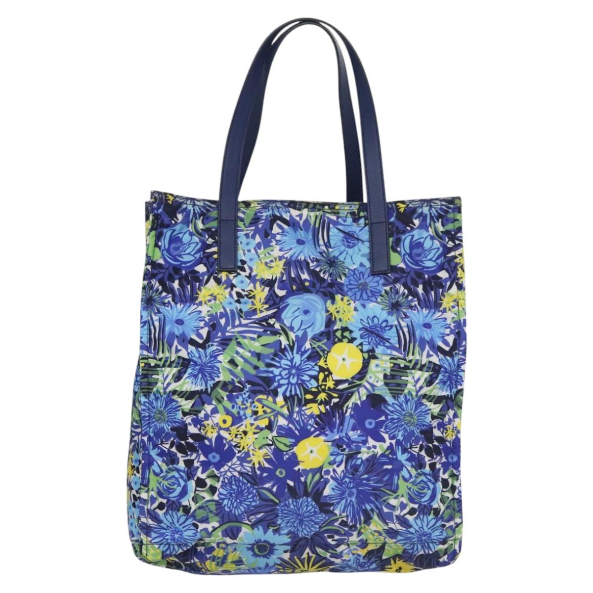 PRADA Flower Tote Bag Nylon Blue Auth bs22344