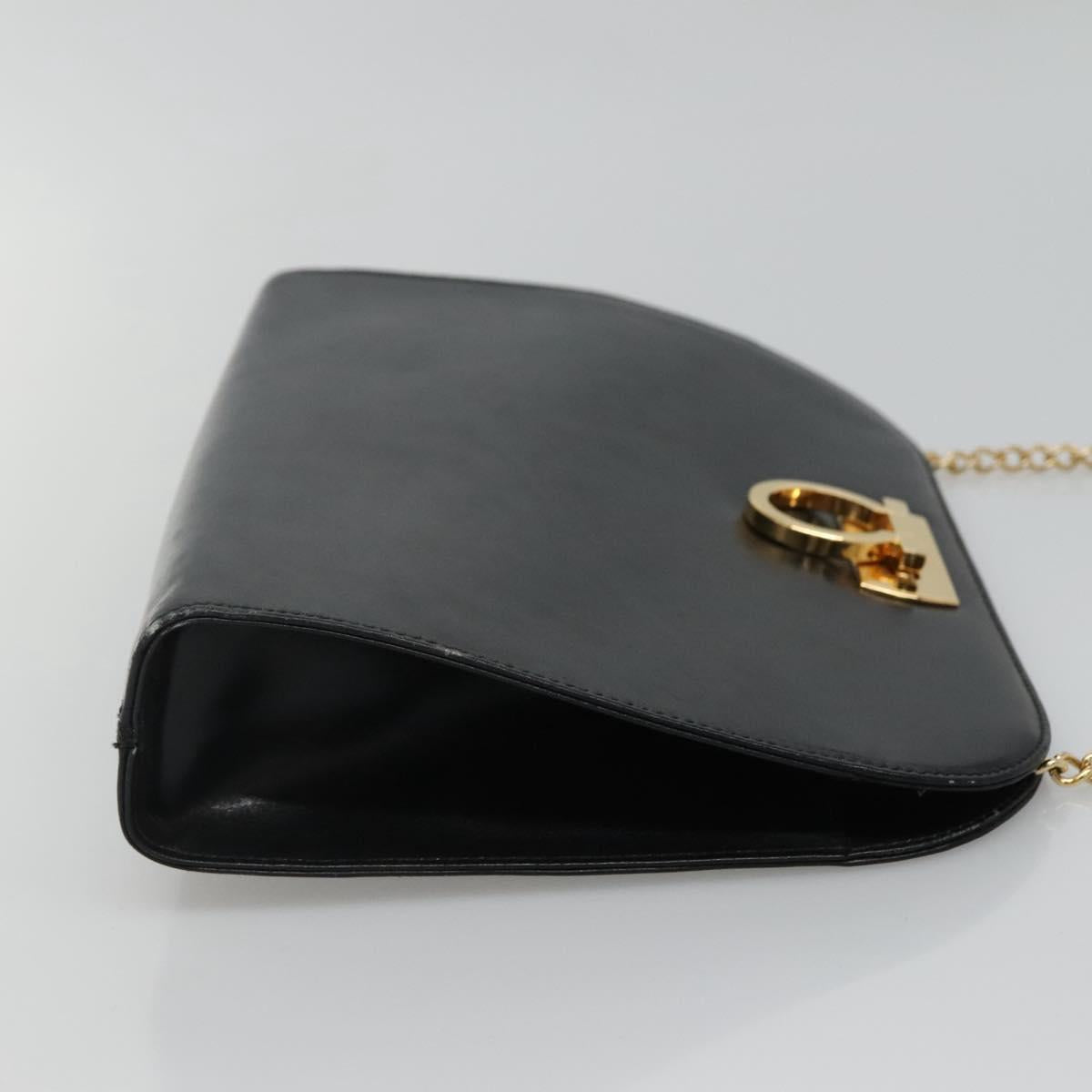 Salvatore Ferragamo Gancini Chain Shoulder Bag Leather Black Gold Auth bs22402