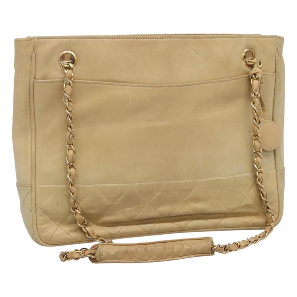 CHANEL Matelasse Chain Shoulder Bag Lamb Skin Beige CC Auth bs22414