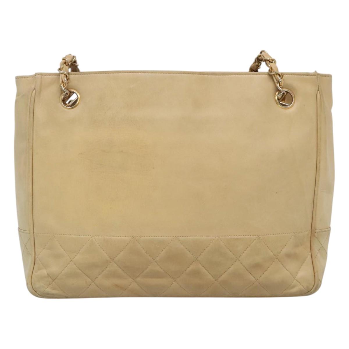 CHANEL Matelasse Chain Shoulder Bag Lamb Skin Beige CC Auth bs22414
