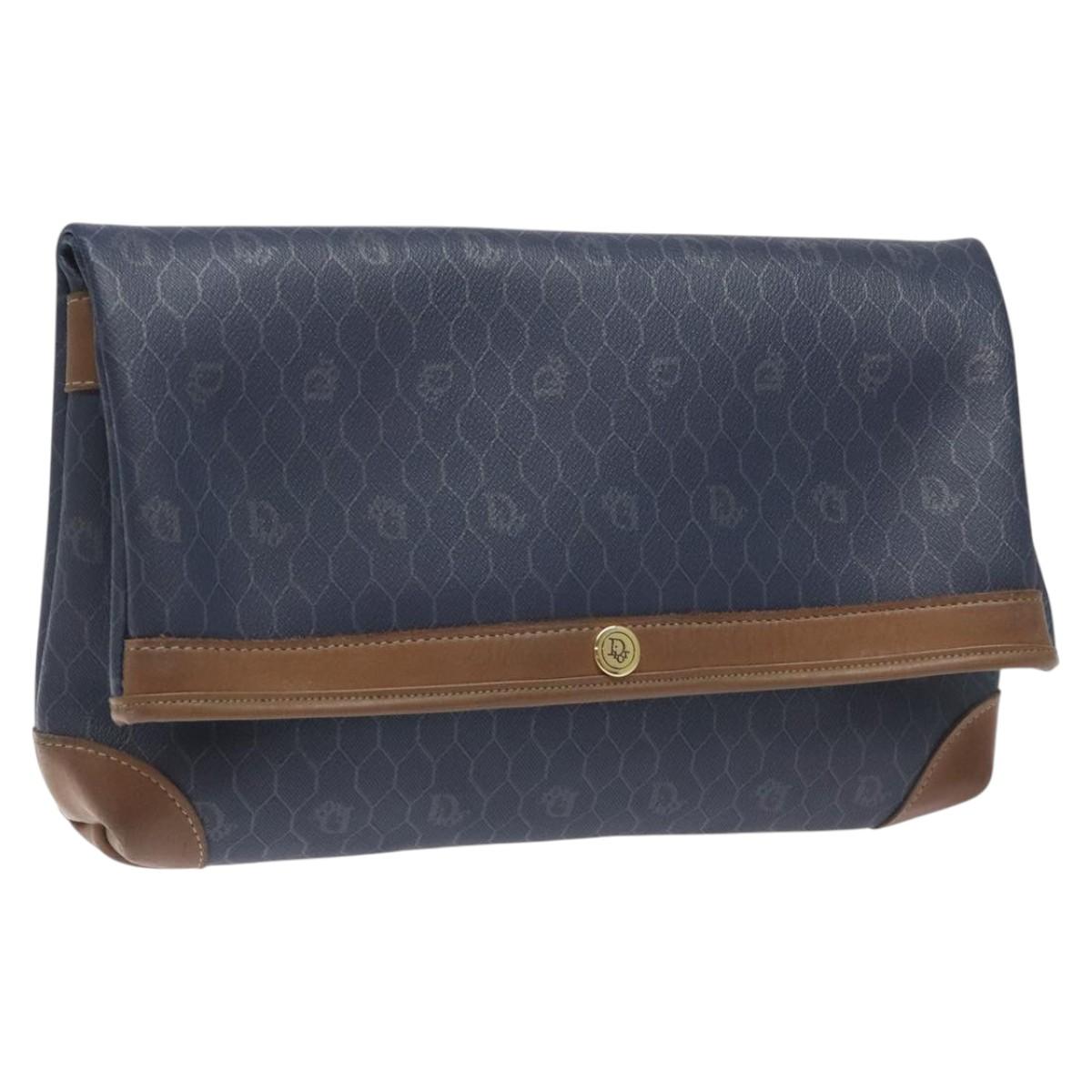 Christian Dior Honeycomb Canvas Clutch Bag PVC Leather Navy Auth bs22450