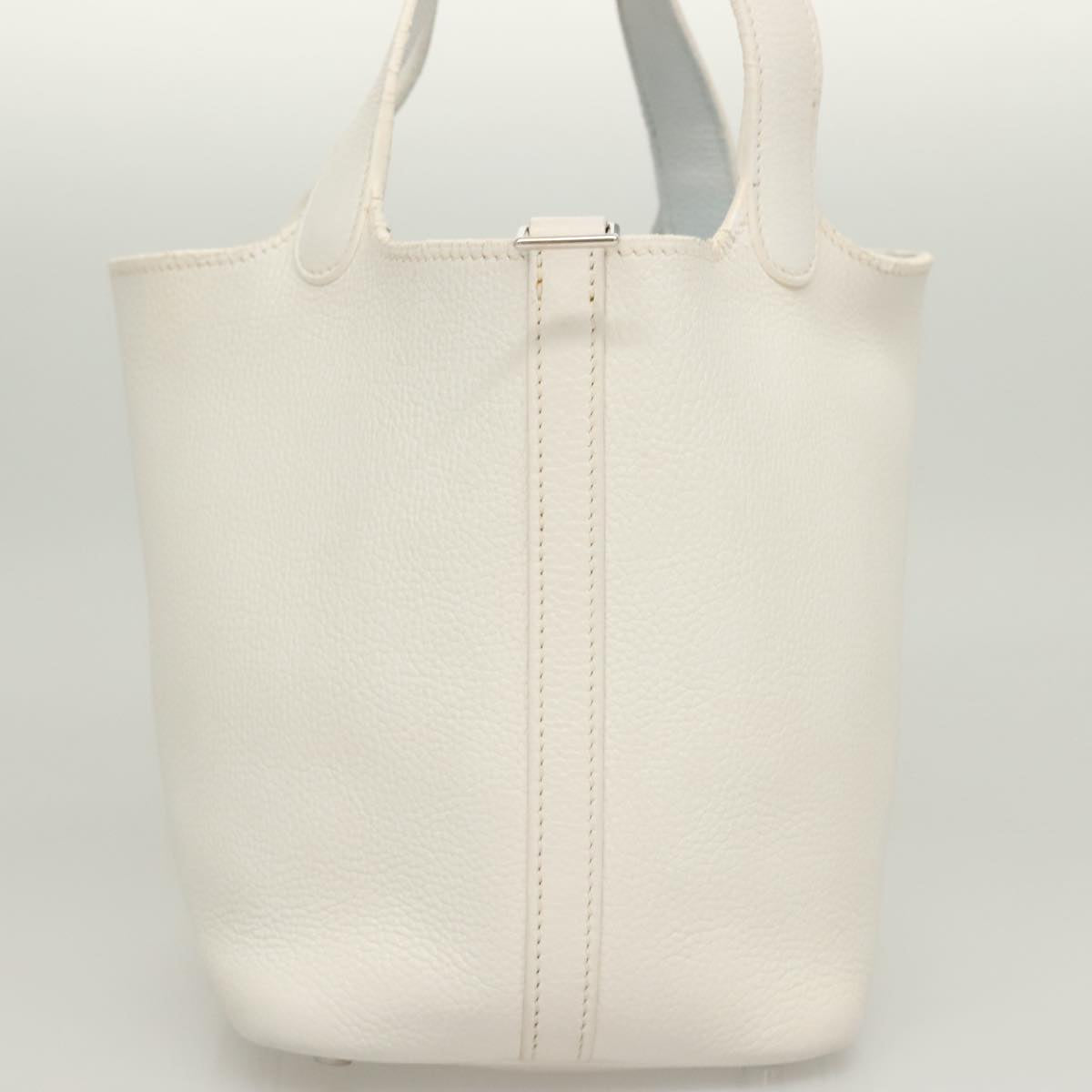 HERMES Picotan PM Hand Bag Leather White Silver Auth bs22497