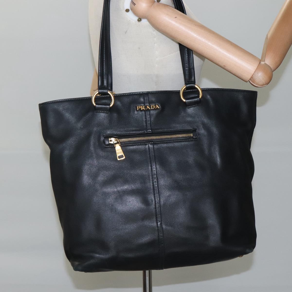 PRADA Tote Bag Leather Black Gold Auth bs22531A