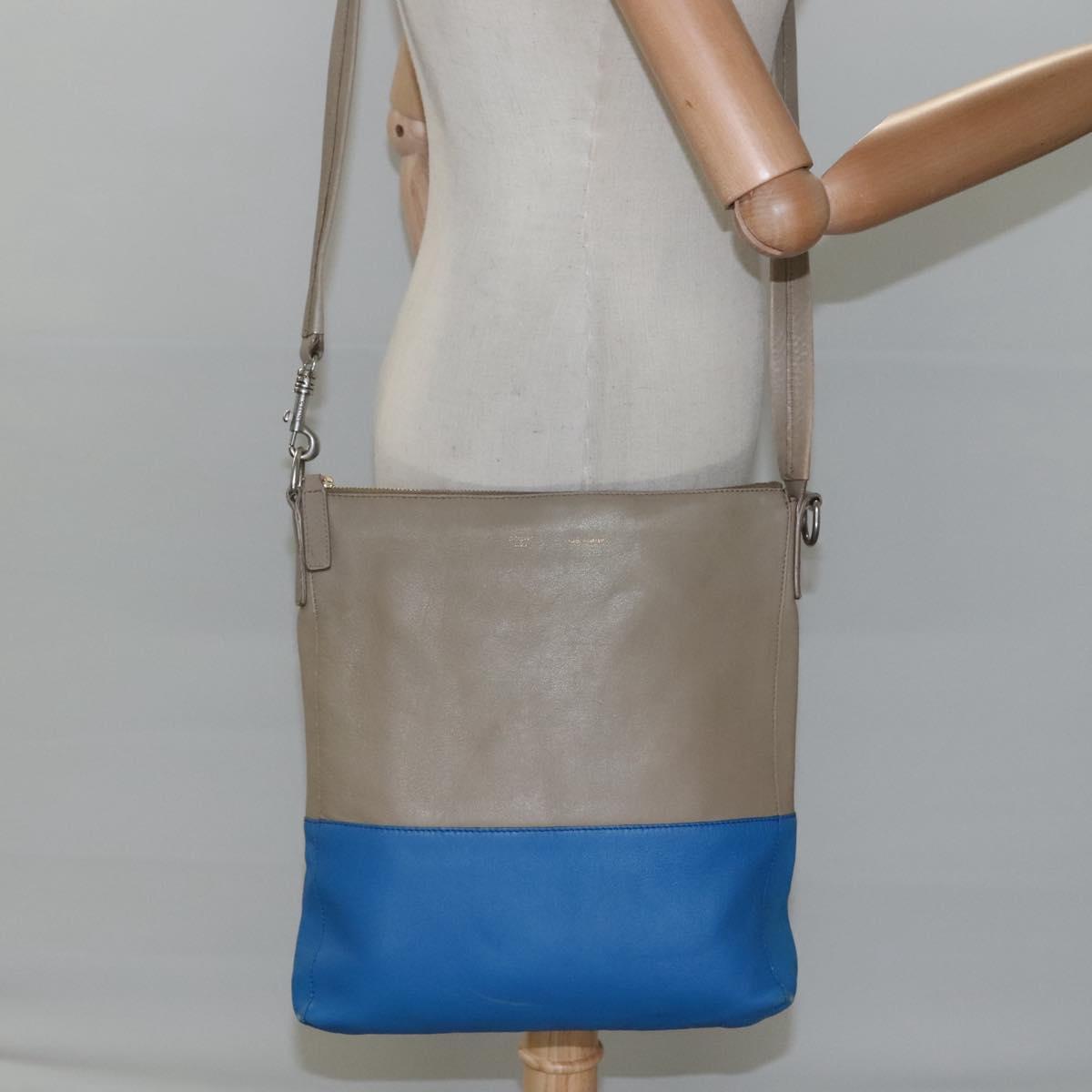 CELINE Shoulder Bag Leather Beige Gold blue Auth bs22533