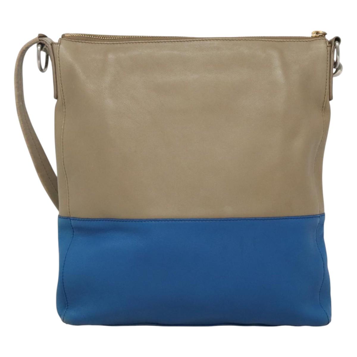 CELINE Shoulder Bag Leather Beige Gold blue Auth bs22533