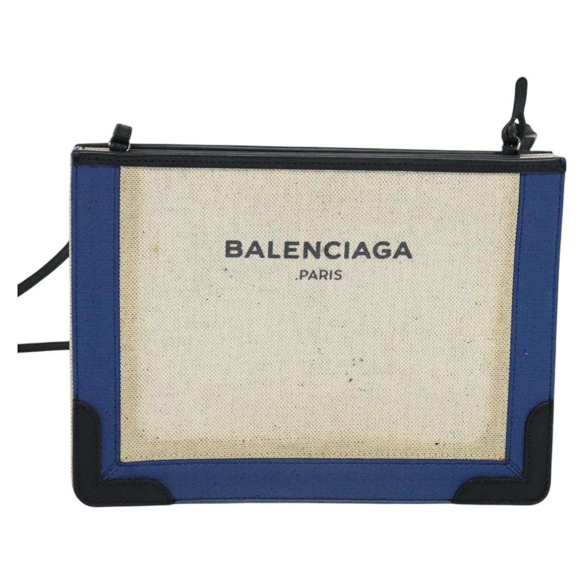 BALENCIAGA Navy Pochette Shoulder Bag Coated Canvas Beige Blue Auth bs22669