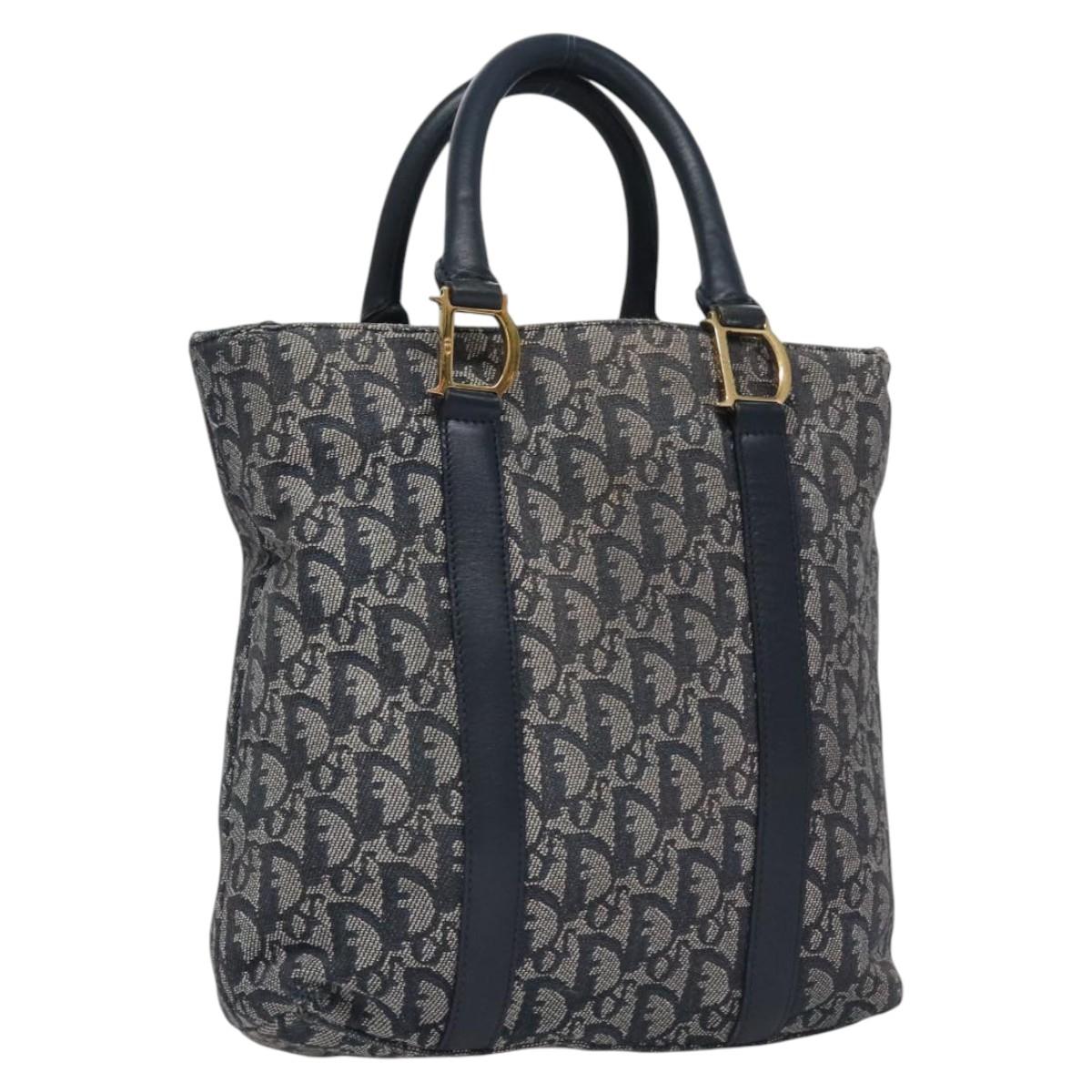 Christian Dior Trotter Canvas Hand Bag Navy Gold Auth bs22777