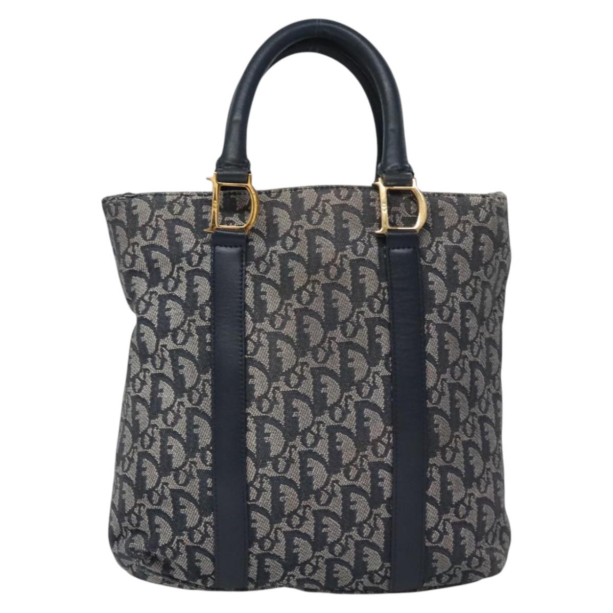 Christian Dior Trotter Canvas Hand Bag Navy Gold Auth bs22777