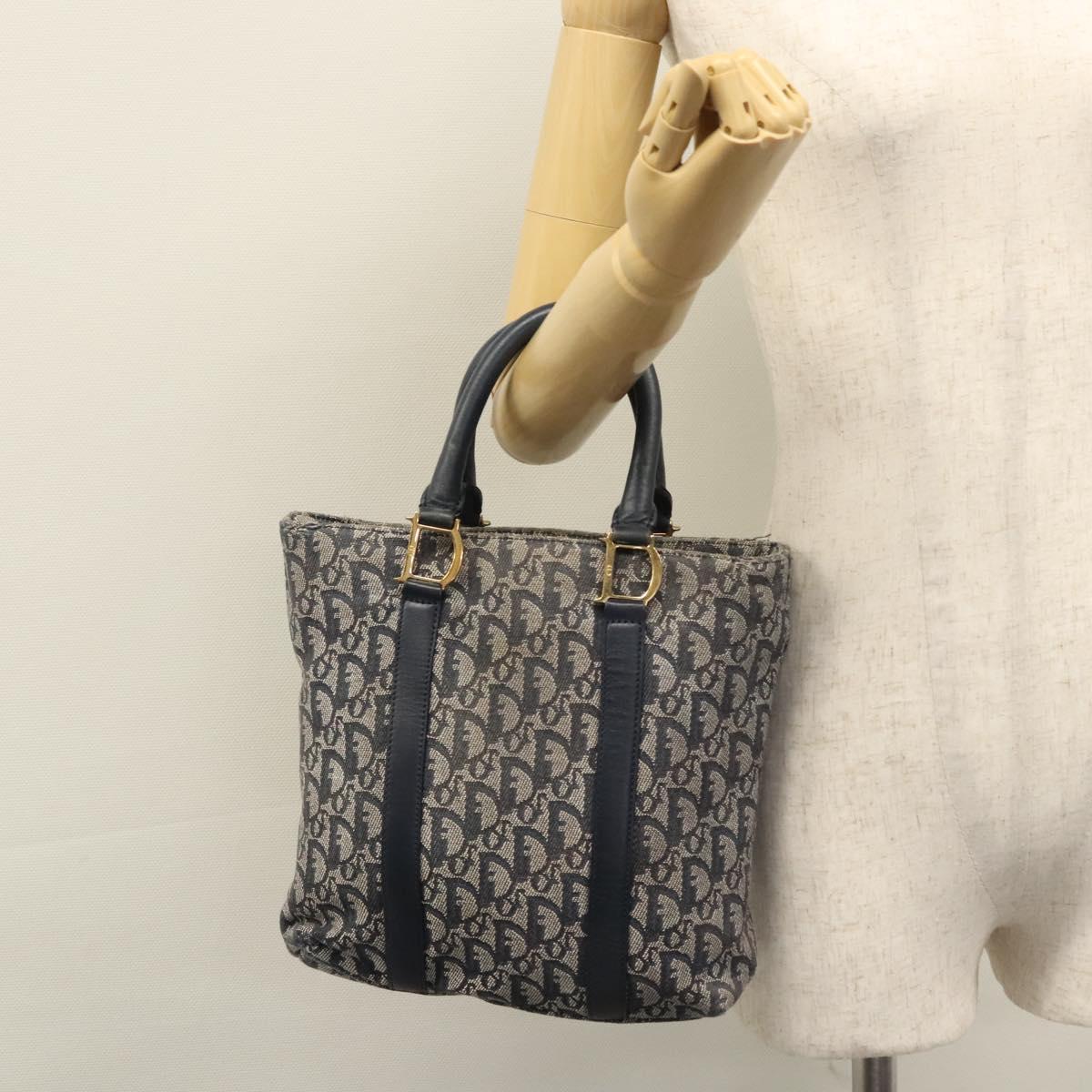 Christian Dior Trotter Canvas Hand Bag Navy Gold Auth bs22777