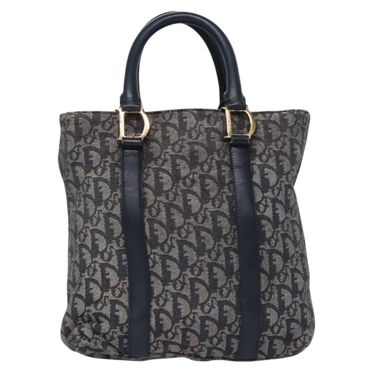Christian Dior Trotter Canvas Hand Bag Navy Gold Auth bs22777