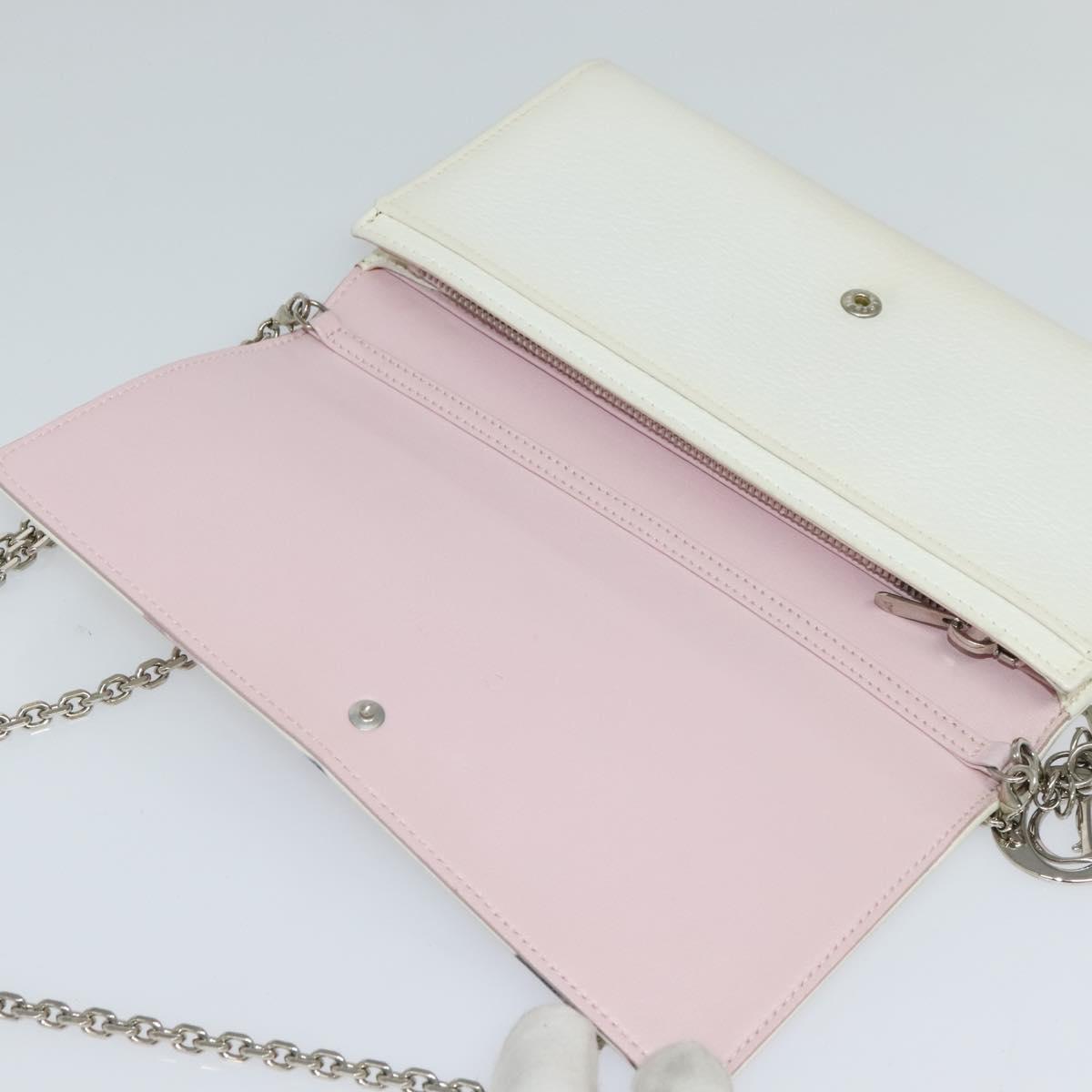 Christian Dior Chain Wallet Leather White Silver Auth bs22820