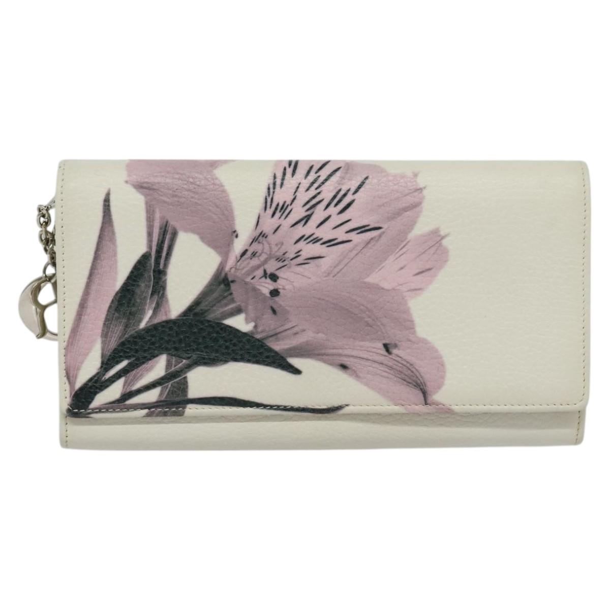 Christian Dior Chain Wallet Leather White Silver Auth bs22820