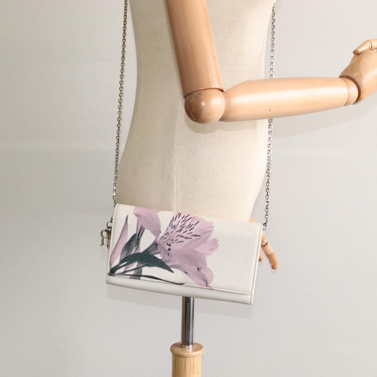 Christian Dior Chain Wallet Leather White Silver Auth bs22820