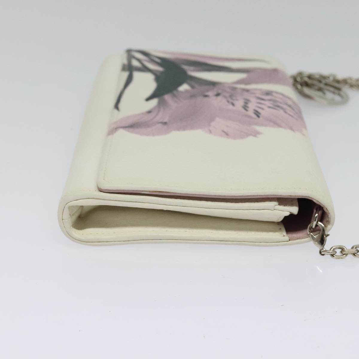 Christian Dior Chain Wallet Leather White Silver Auth bs22820